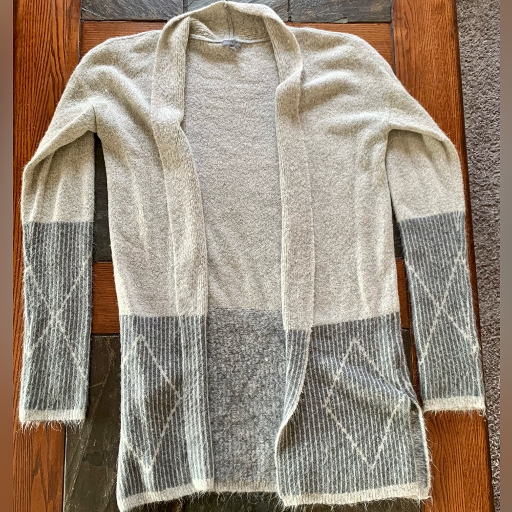 Light gray cardigan with dark gray stripes - small